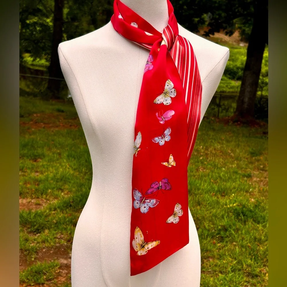 Red Butterfly Print Silk Scarf - Women's Accessory